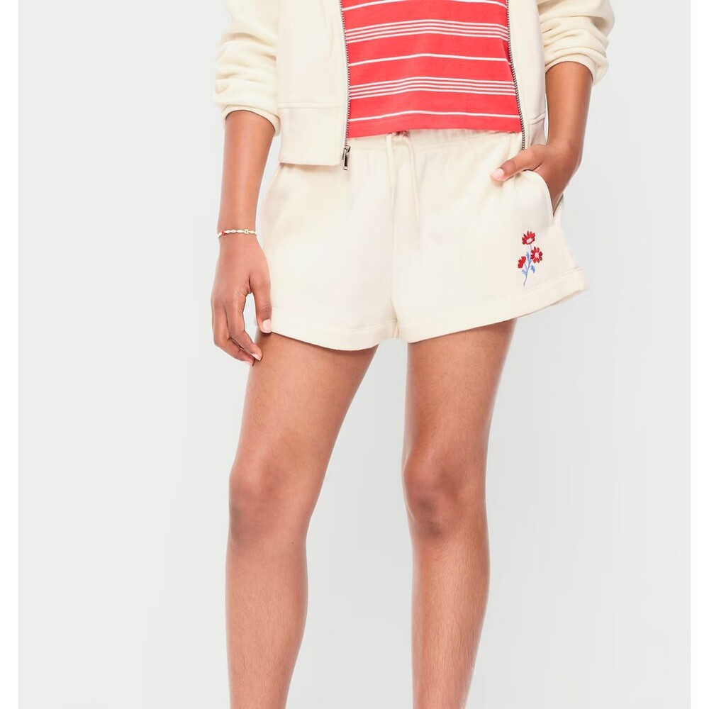 Old Navy Girls XS High Waisted Favorite Fleece Shorts Cream Embroidered NWT